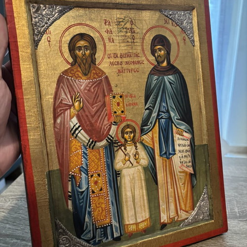 Handmade icon of Raphael Nikolaou and Eirini with 925 silver decoration used