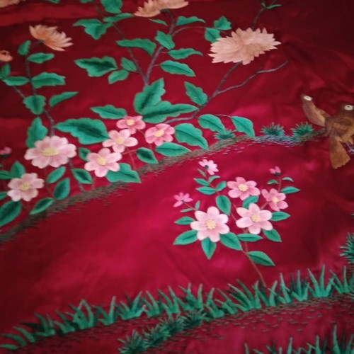 Bed cover used in red with multicolor embroidery and pillowcases