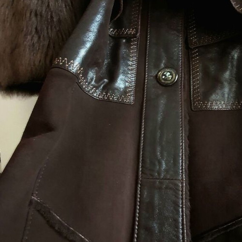 Long mouton coat made of genuine leather and natural fur new, brown, size S