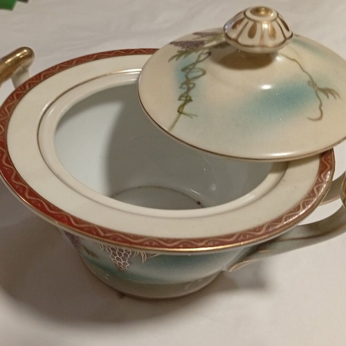 Vintage Japanese porcelain sugar bowl with lid, hand-painted