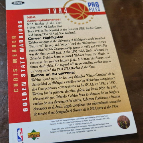 1994-95 Upper Deck Collector's Choice Chris Webber Pro Files Card like new
