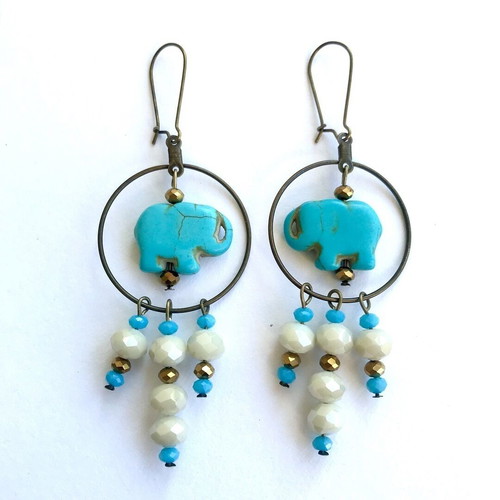 Long bronze hoop earrings with blue elephant chalcedony