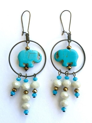 Long bronze hoop earrings with blue elephant chalcedony