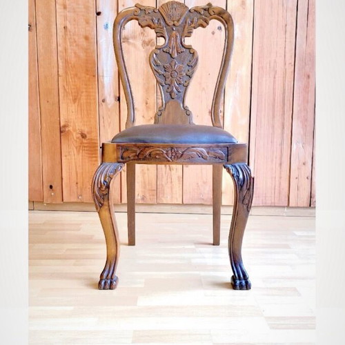 Antique handmade carved solid wood chair 1960, lion paw legs