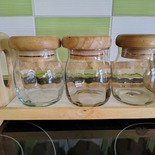 Set of 3 glass containers with wooden lid and base like new