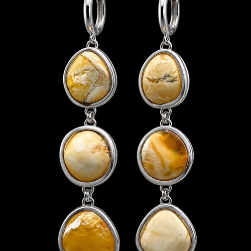 Long White Baltic Amber Earrings in Sterling Silver 925