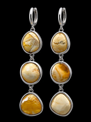 Long White Baltic Amber Earrings in Sterling Silver 925