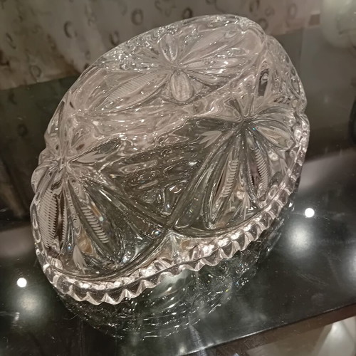 Crystal centerpiece bowl vintage with carved designs and scalloped edge