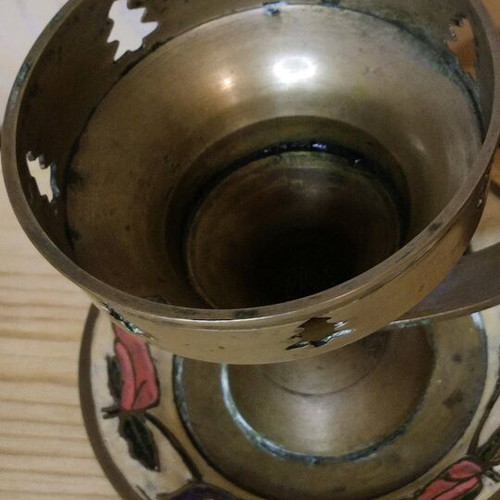 Candle Holder Incense Burner vintage solid brass with hand-painted design