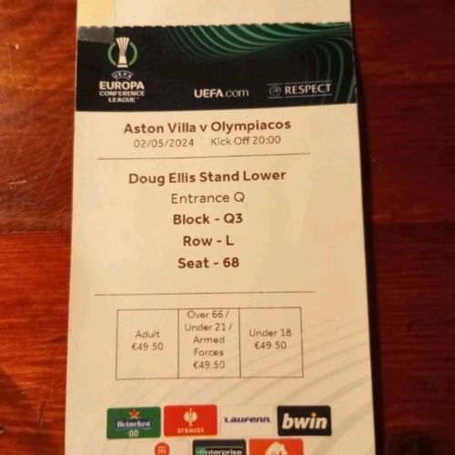 Aston Villa vs Olympiacos Football Ticket like new, Conference League semifinal 2/5/24