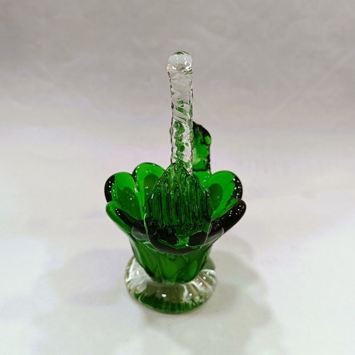 Vintage Miniature Art Glass Basket mint condition, emerald & white