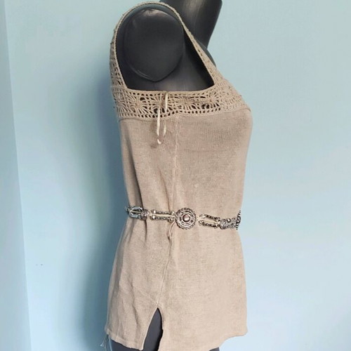 Calvin Klein tunic used with hand-knitted lace and wooden beads