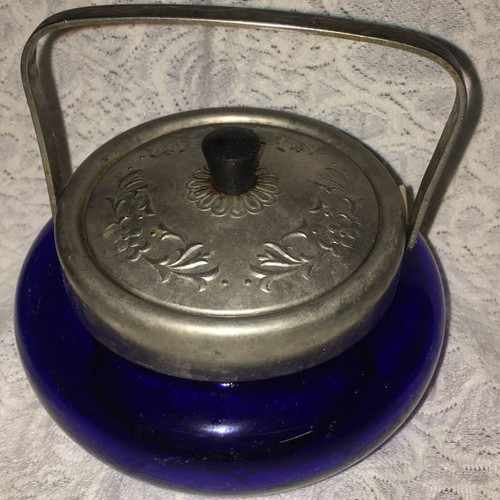 Sugar bowl used blue cobalt vintage with handle and designs