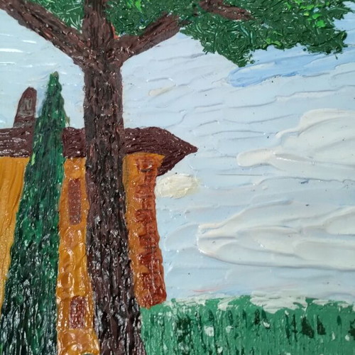 Painting on canvas Villa with fountain, new, 39x39 cm