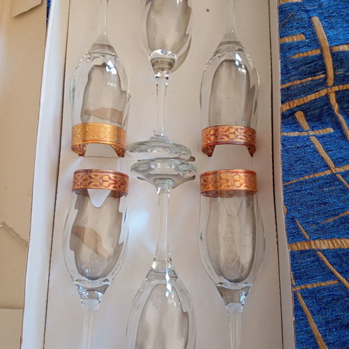Cristal Mode vintage set of 6 champagne flute glasses like new with gold rim