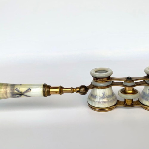 Porcelain brass mother of pearl opera glasses used antique French c.1850-1900