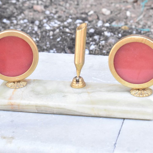 Vintage Onyx Desk Stand with Double Frame and Pen Holder used