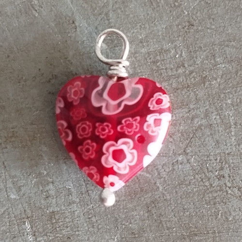 Murano heart pendant with silver ring, millefiori flowers
