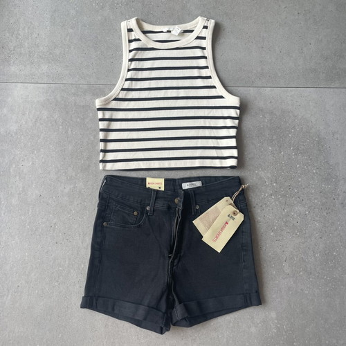 H&M women's black denim shorts and striped cropped top new, size 38/M