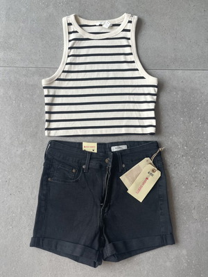 H&M women's black denim shorts and striped cropped top new, size 38/M