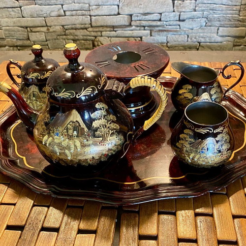 Vintage tea party set used, tin, hand-painted, Holland