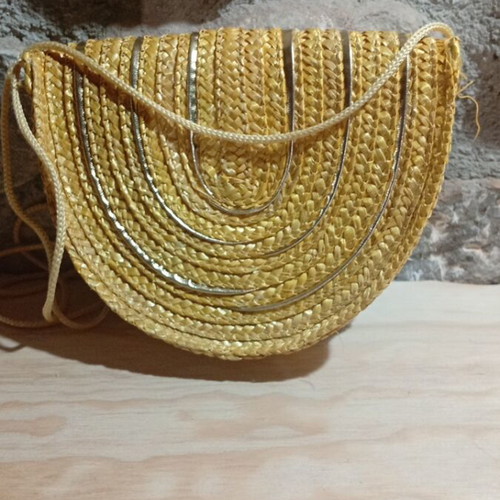 Straw crossbody bag like new, yellow and gold with cord