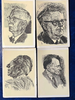 Set of 4 art postcards with portraits and music manuscripts like new
