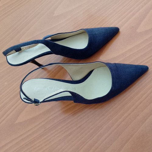 Slingback pumps in denim fabric and leather, size 39, like new