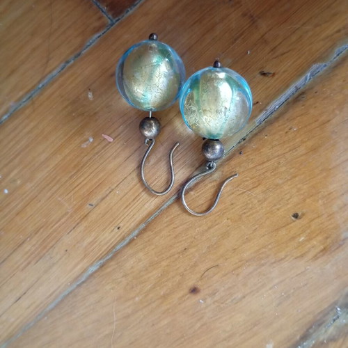 Murano earrings with gold leaf, aqua glass spheres, handmade