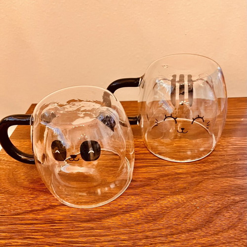 Double-Walled Glass Mugs Panda & Cat Set of 2, like new, aesthetic