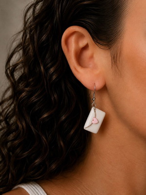 Earrings hanging mail bags with pink hearts with polymer clay