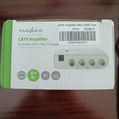 Nedis CATV Amplifier 1to4 Signal Splitter 10db Gain with Power Cable New