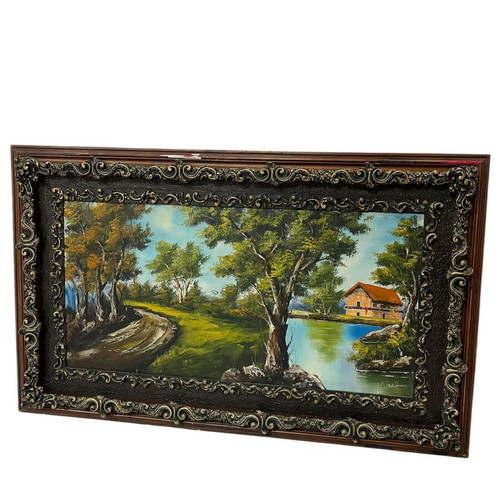 Vintage signed painting with carved frame used 80x130 with damage