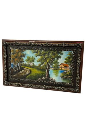 Vintage signed painting with carved frame used 80x130 with damage