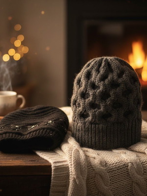Wool knit caps new, pack of 2, black and gray