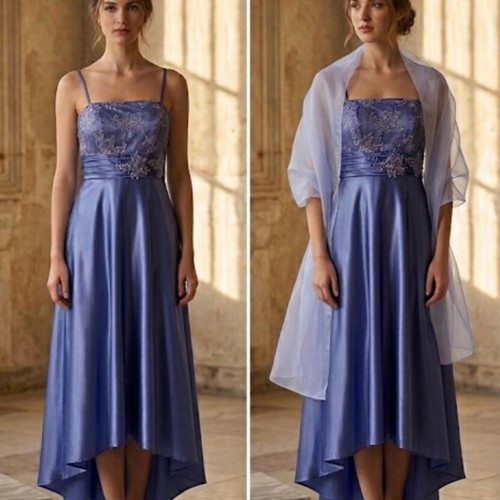 Satin evening dress with straps, lace bust and shawl, new, blue