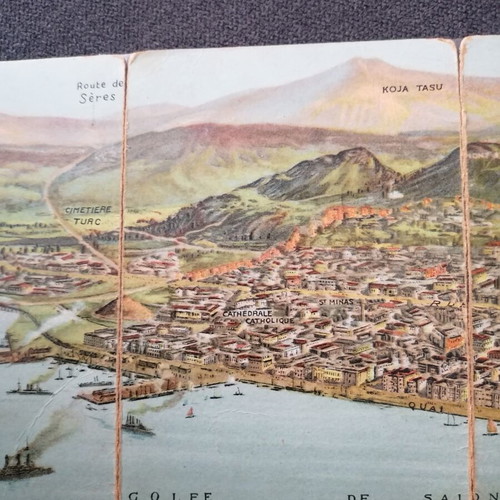 Thessaloniki panorama postcard used, 4-panel, 1919