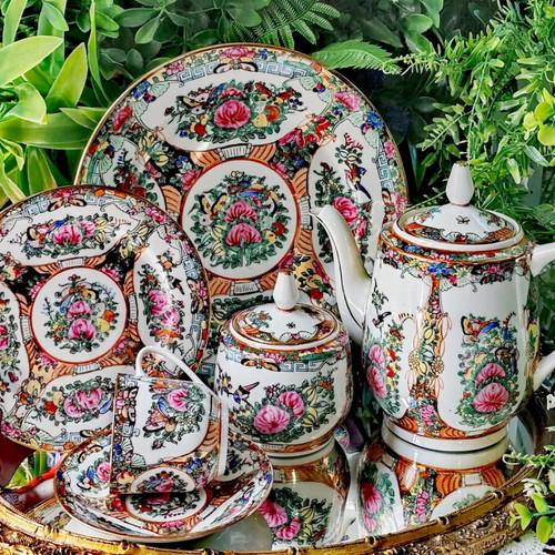 Vintage Chinese Rose Medallion porcelain tea set, handpainted