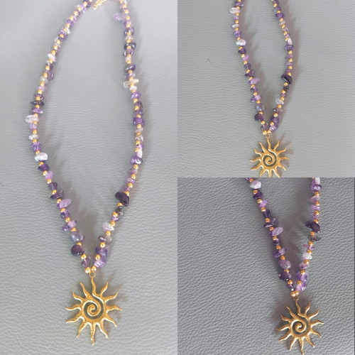 Boho Necklace with Purple Semi-Precious Beads and Sun Pendant like new