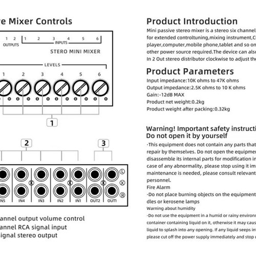 Audio Mixer Mini 6 Inputs 2 Outputs new, passive
