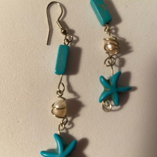 Earrings with turquoise stars and real pearl handmade