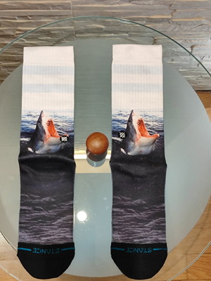 Stance Landlord Crew socks with great white shark design, large 43-46