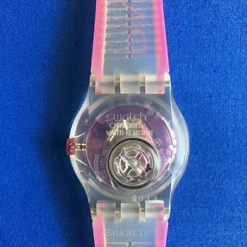 Swatch wristwatch with battery, pink silicone strap
