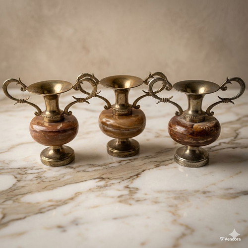 Decorative amphorae set of 3 from brass and onyx, like new