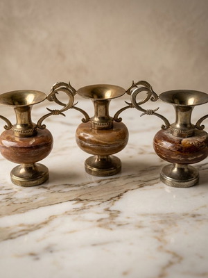 Decorative amphorae set of 3 from brass and onyx, like new