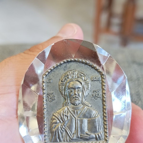 Vintage religious icon crystal and silver 825