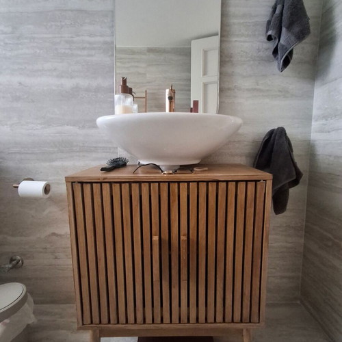 Handmade bathroom vanity cabinet with two doors and shelf