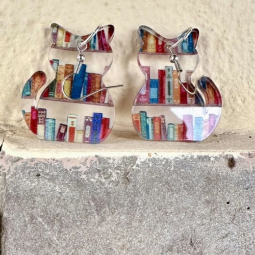 Cat earrings new, colorful acrylic with book design