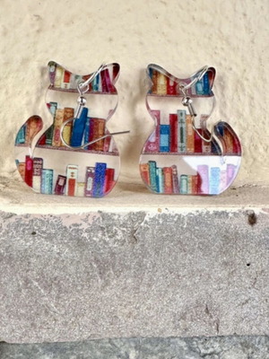 Cat earrings new, colorful acrylic with book design