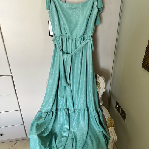 Smaragdi long dress with ruffles and waist tie new, turquoise